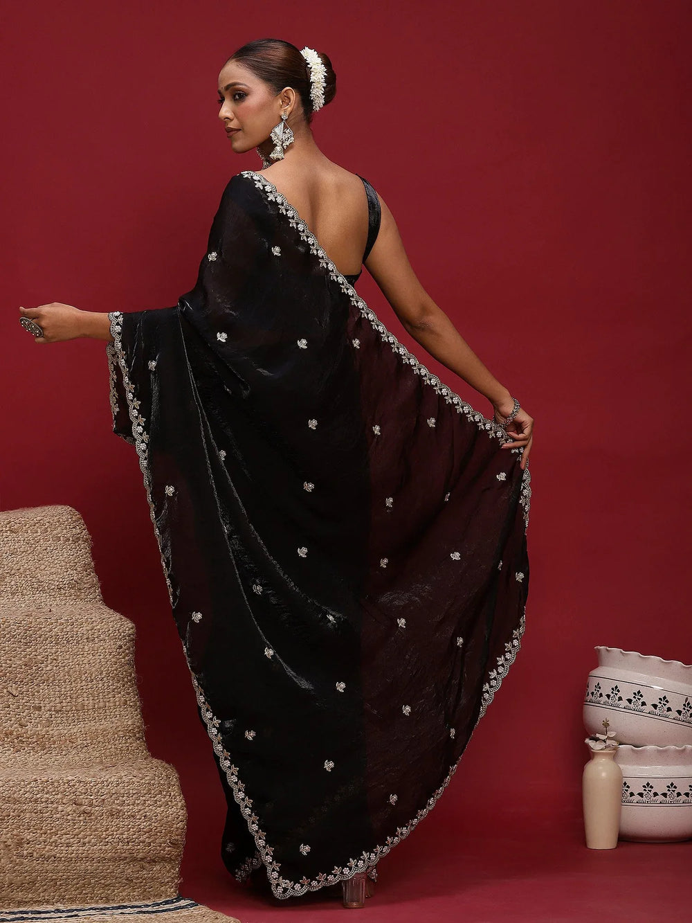 Black Party Wear Satin Embellished Saree - The Dori Store