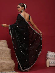 Black Party Wear Satin Embellished Saree - The Dori Store