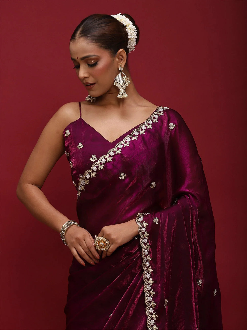 Purple Party Wear Satin Embellished Saree - The Dori Store