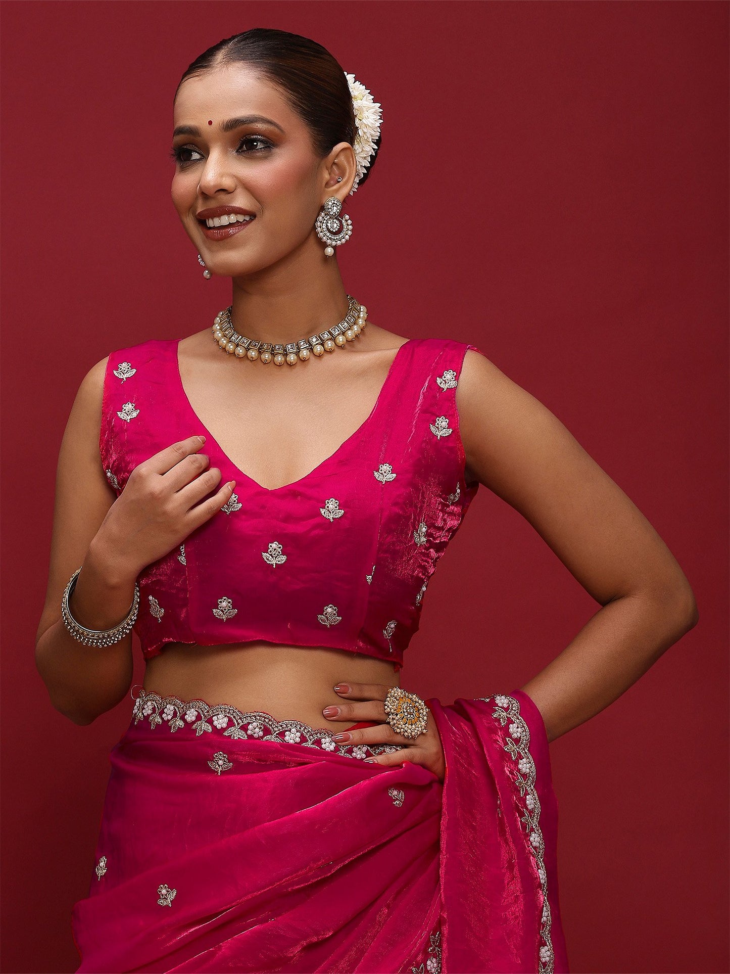 Pink Party Wear Satin Embellished Saree
