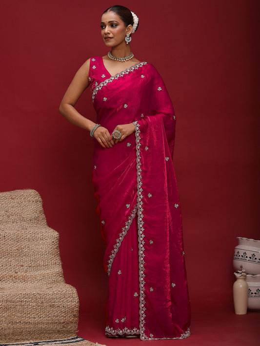 Pink Pink Party Wear Satin Embellished Saree