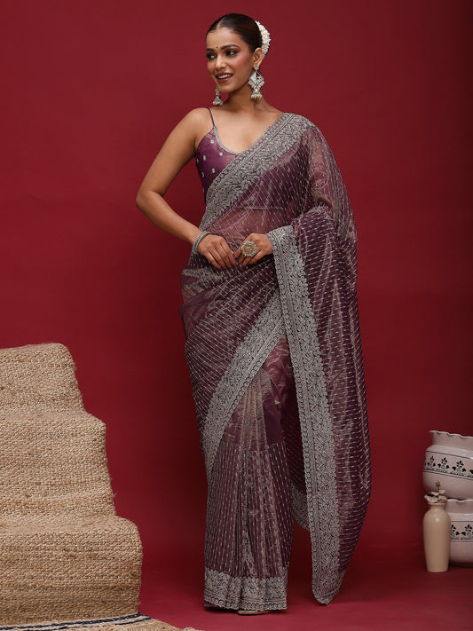 Lavender Lavendar Party Wear Net Embellished Saree