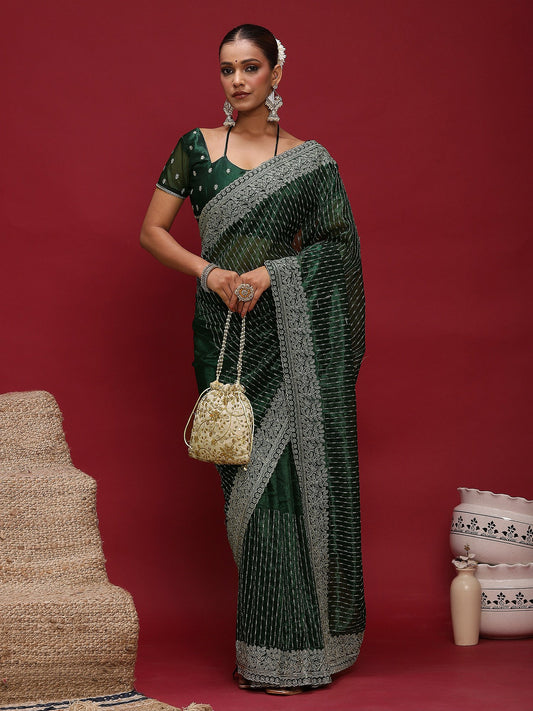 Green Green Party Wear Net Embellished Saree