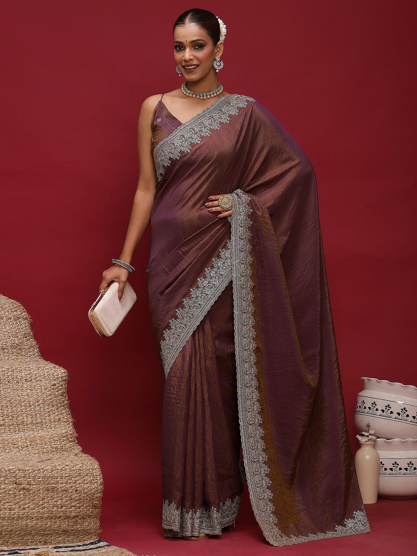 Brown Party Wear Silk Blend Embellished Saree