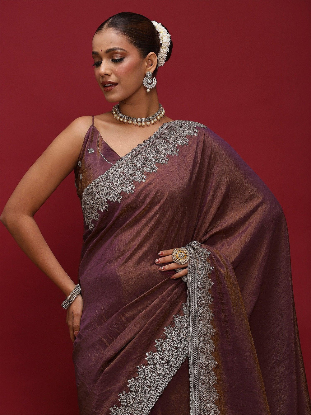 Brown Party Wear Silk Blend Embellished Saree - The Dori Store