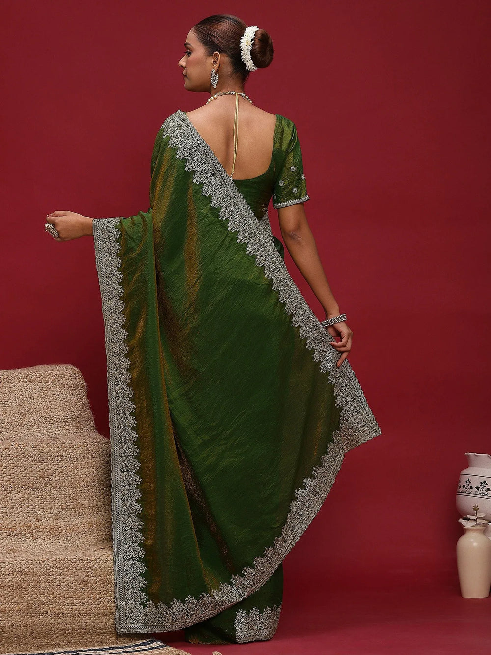 Green Party Wear Silk Blend Embellished Saree - The Dori Store