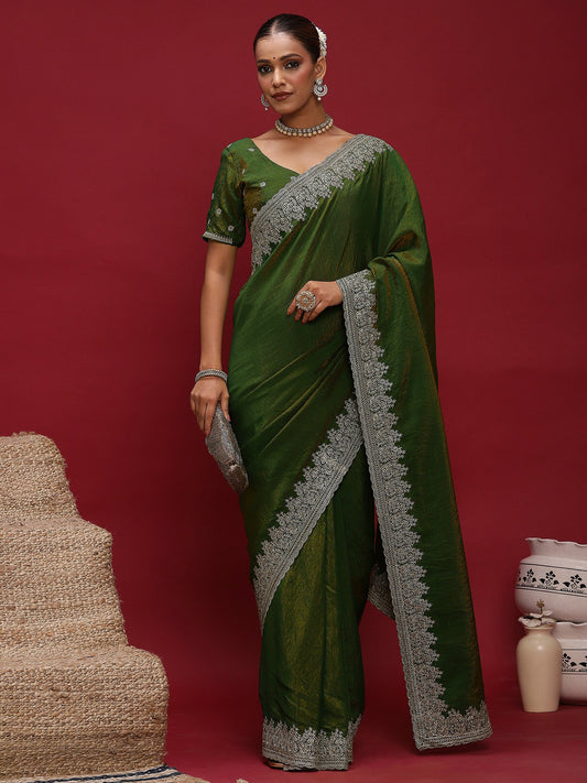 Green Green Party Wear Silk Blend Embellished Saree