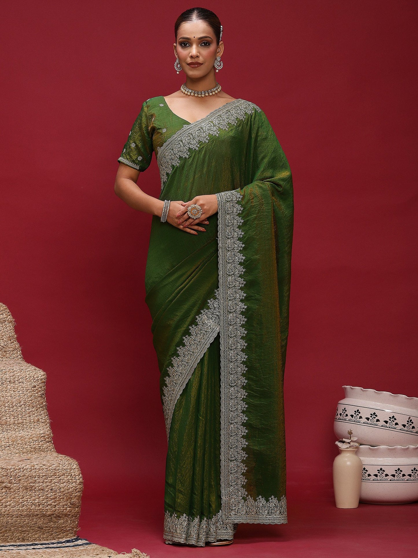 Green Party Wear Silk Blend Embellished Saree