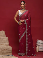 Red Party Wear Tissue Embellished Saree - The Dori Store