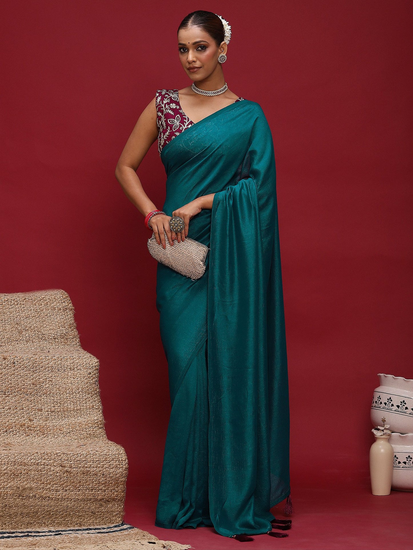 Teal Party Wear Vichitra Silk  Solid Saree
