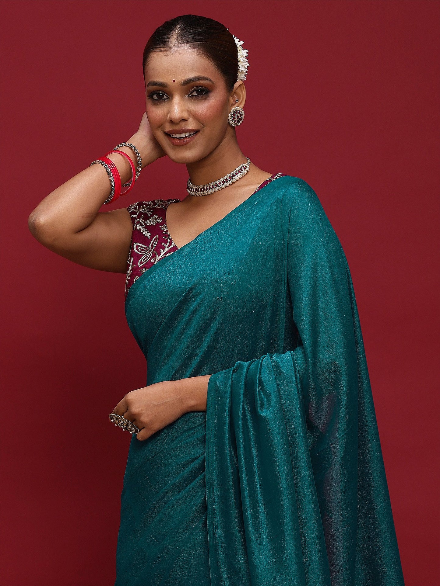 Teal Party Wear Vichitra Silk  Solid Saree
