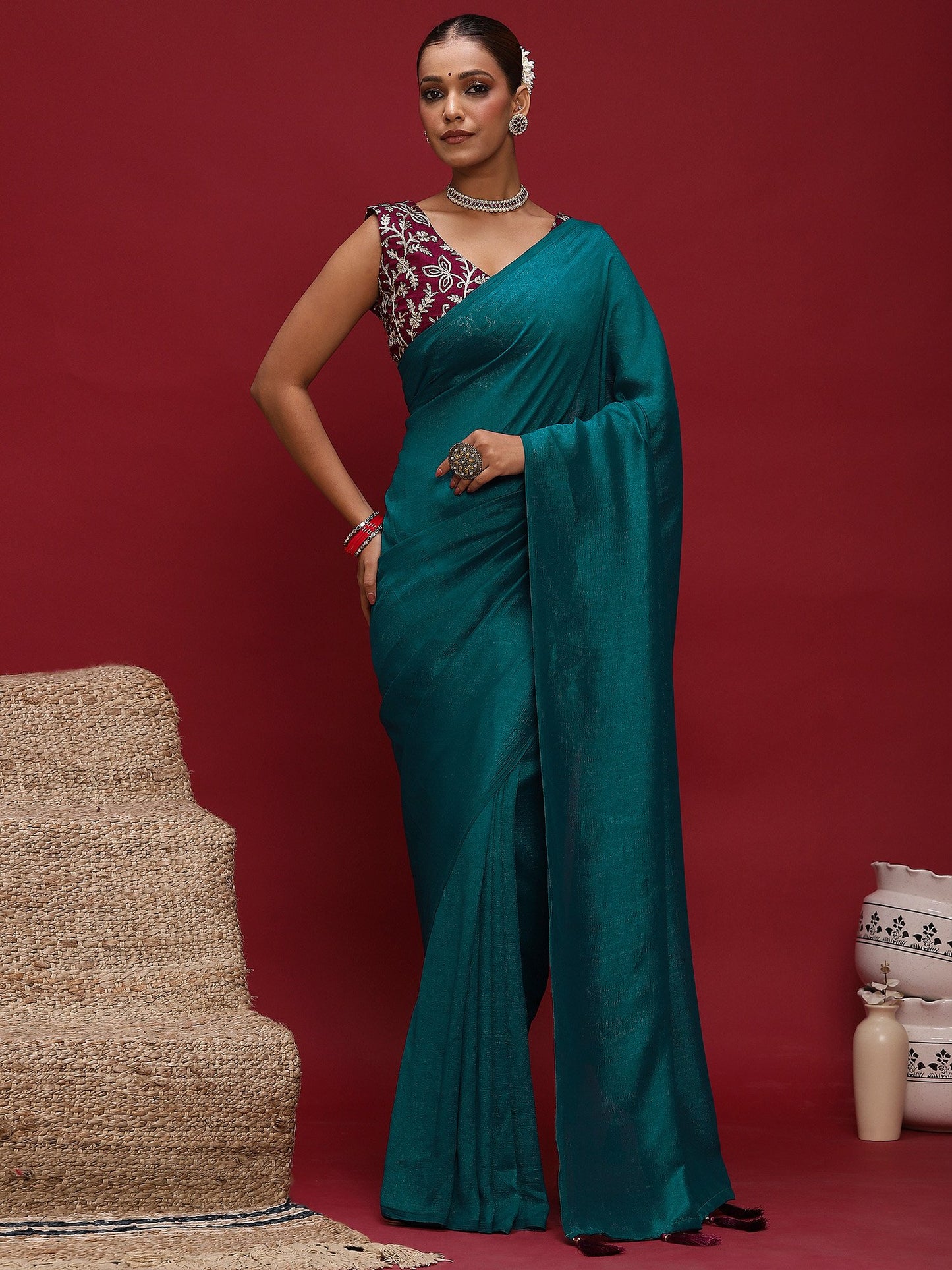 Blue Teal Party Wear Vichitra Silk  Solid Saree