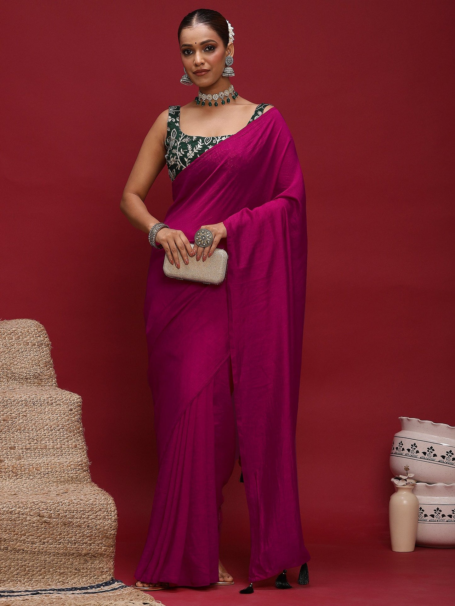 Pink Party Wear Vichitra Silk  Solid Saree