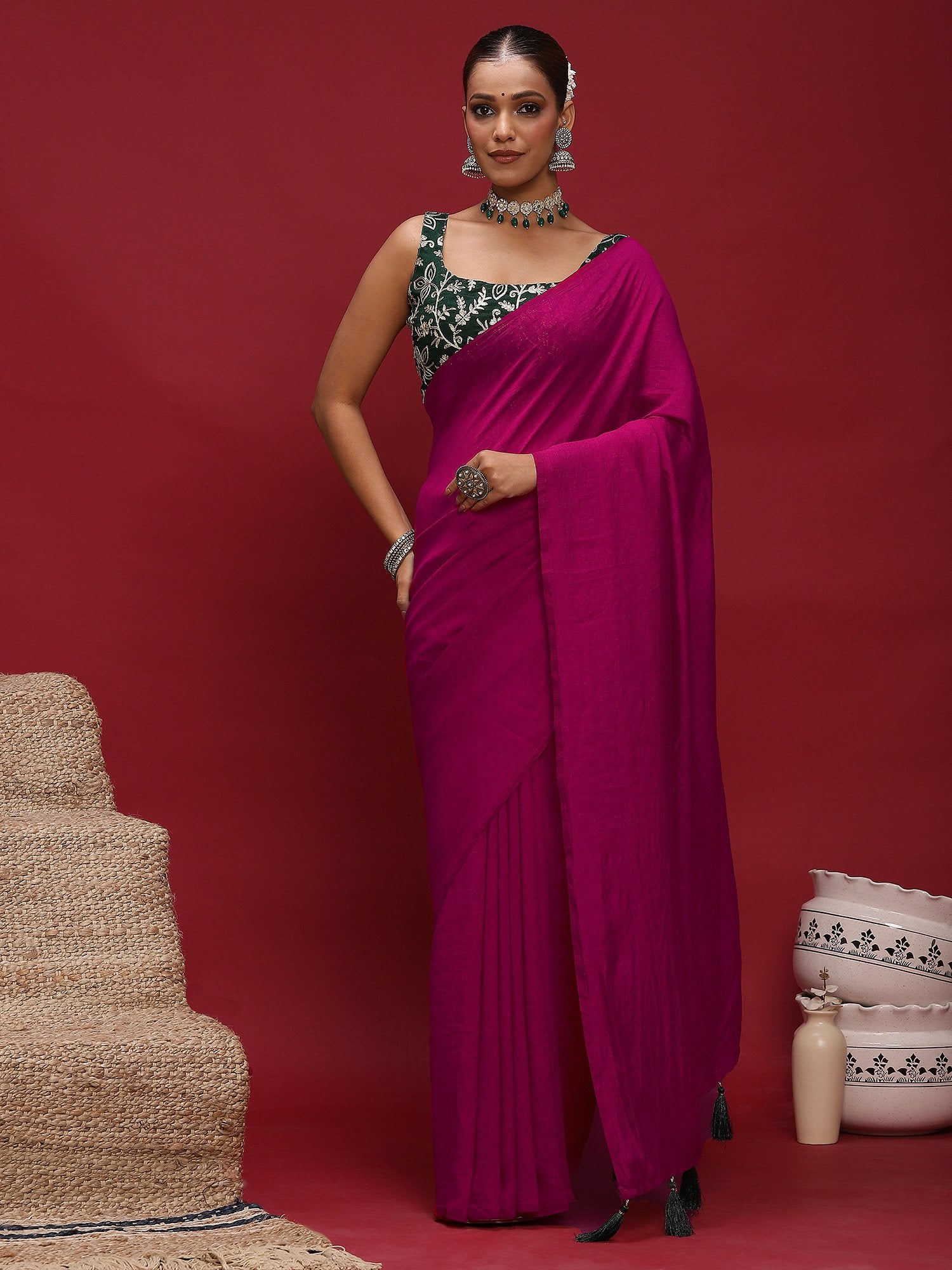 Pink Pink Party Wear Vichitra Silk  Solid Saree