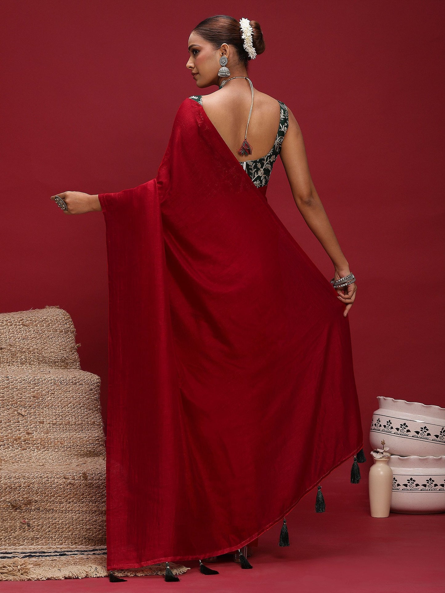 Red Party Wear Vichitra Silk  Solid Saree