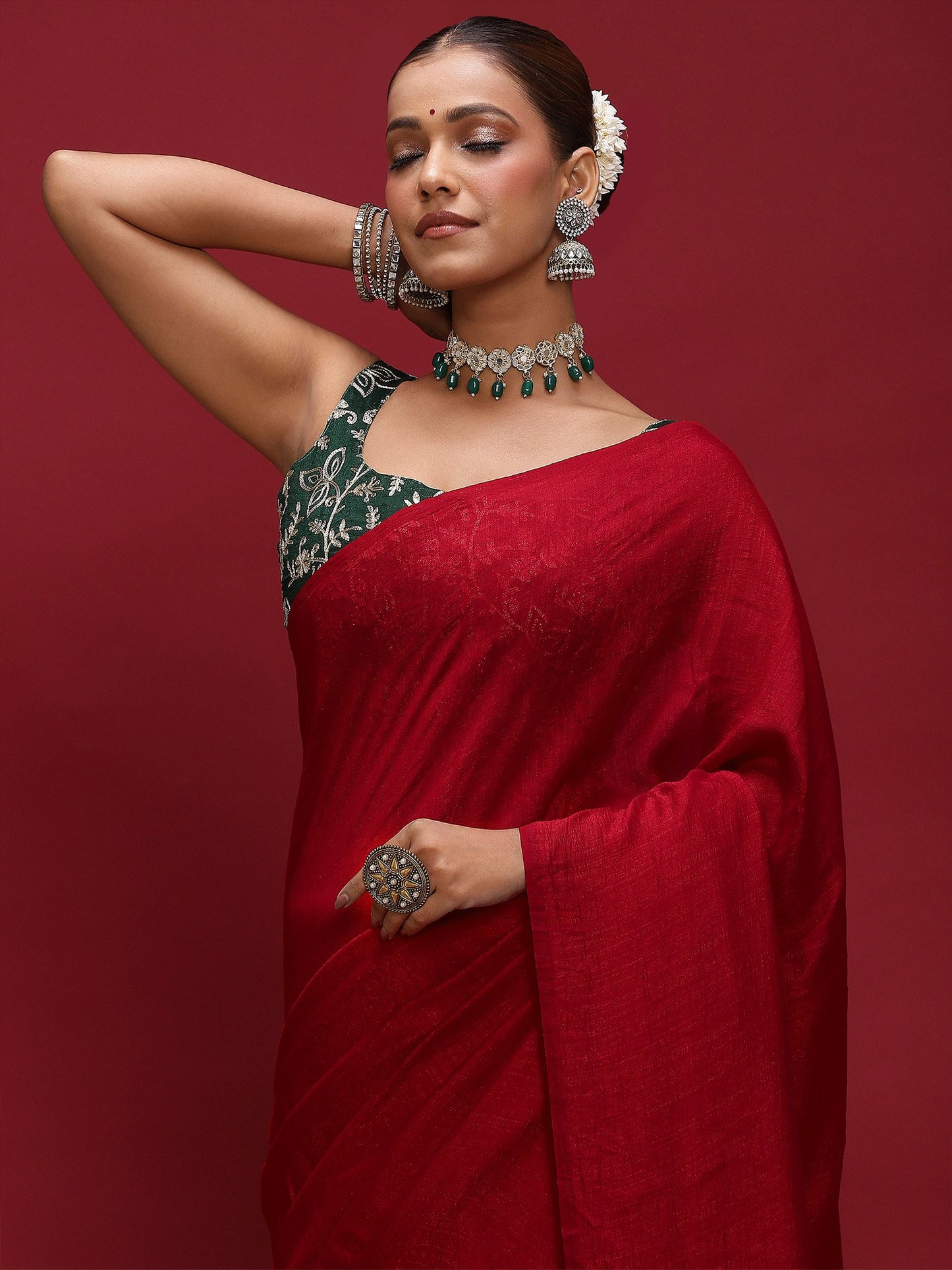 Red Party Wear Vichitra Silk  Solid Saree