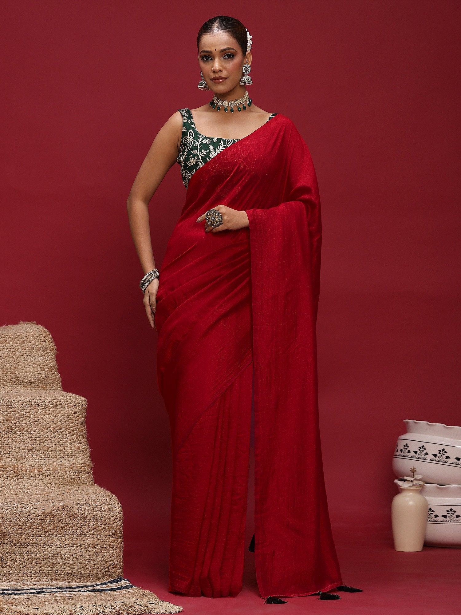 Red Red Party Wear Vichitra Silk  Solid Saree