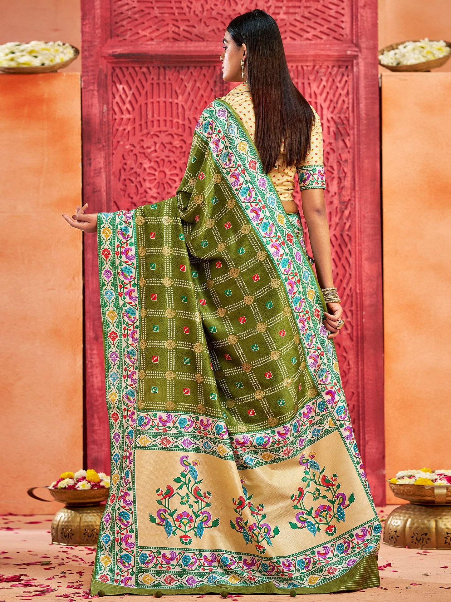 Green Bandhani Tussar Silk Printed Saree