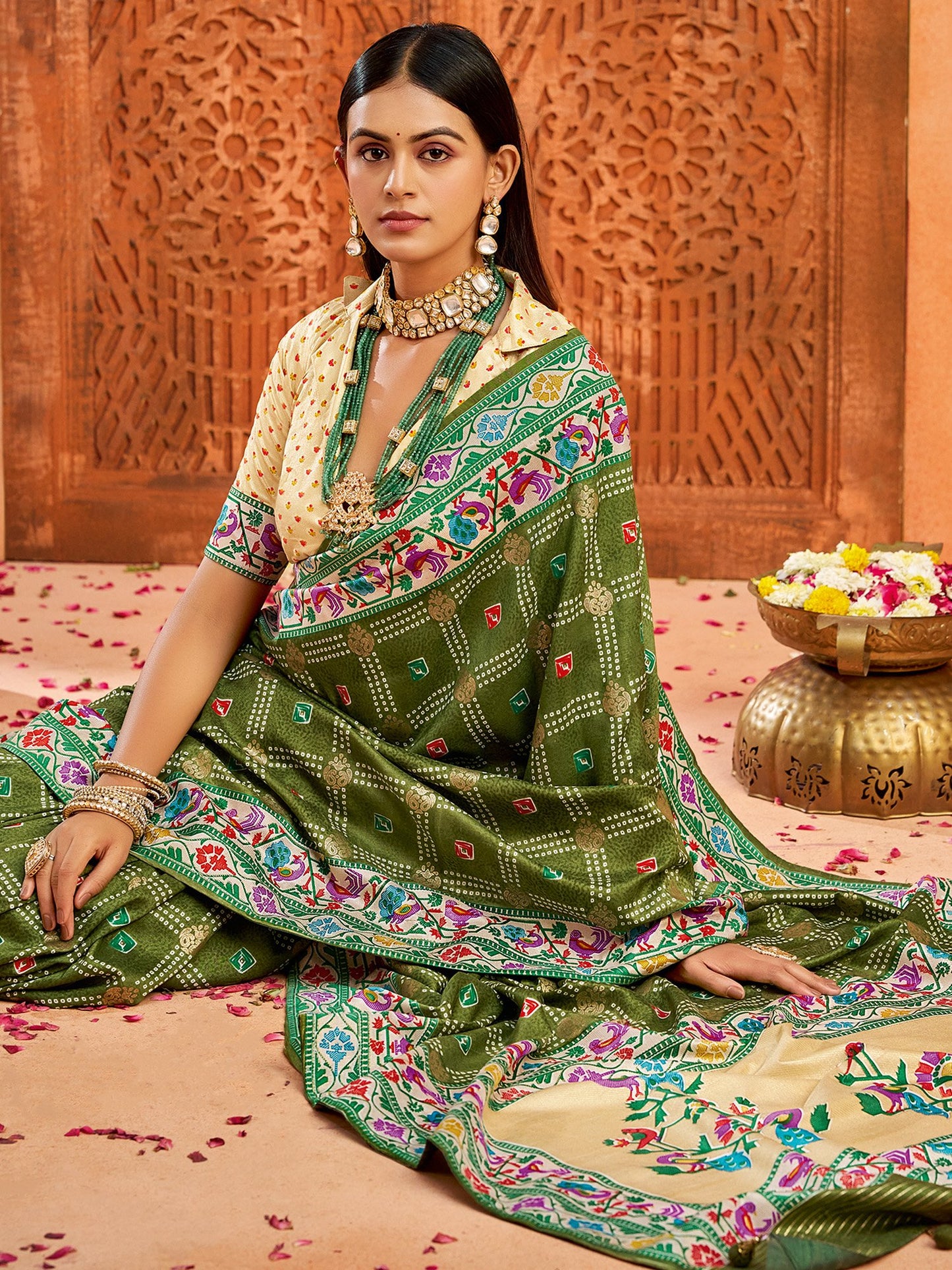 Green Bandhani Tussar Silk Printed Saree