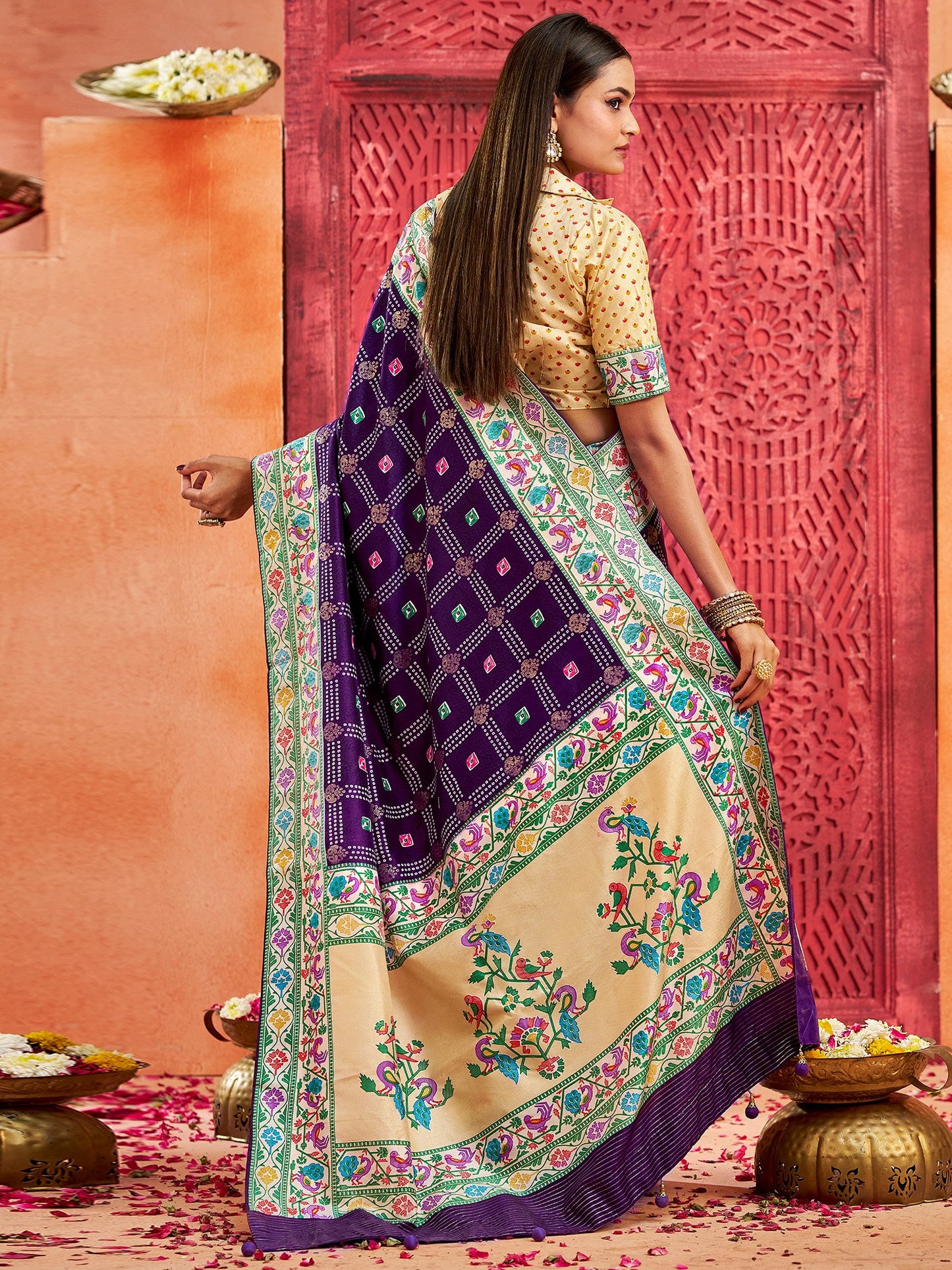 Purple Bandhani Tussar Silk Printed Saree