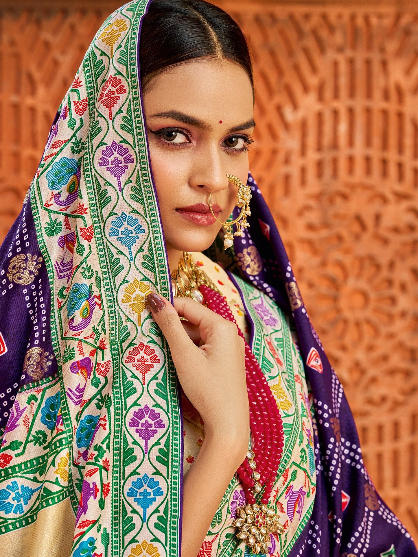 Purple Bandhani Tussar Silk Printed Saree