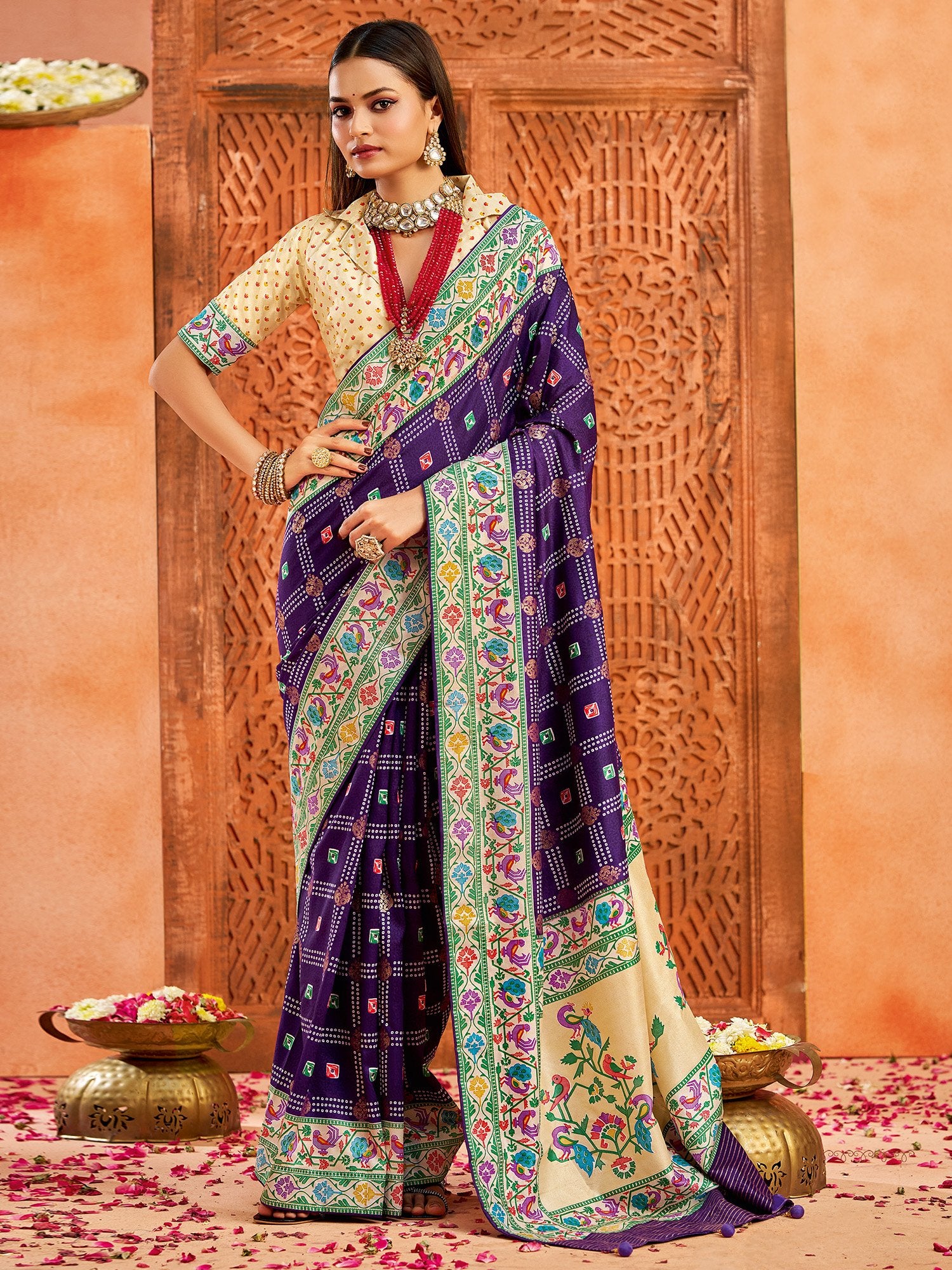 Purple Purple Bandhani Tussar Silk Printed Saree