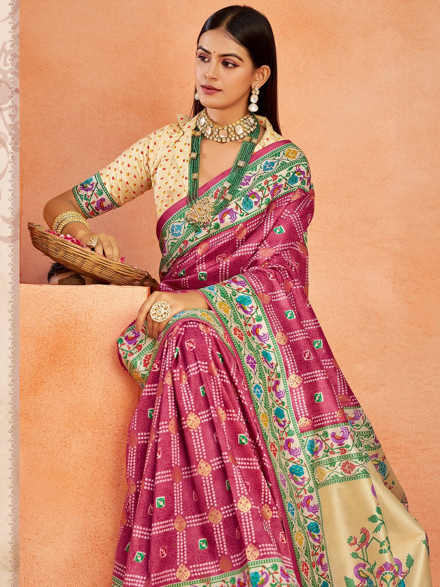 Pink Bandhani Tussar Silk Printed Saree