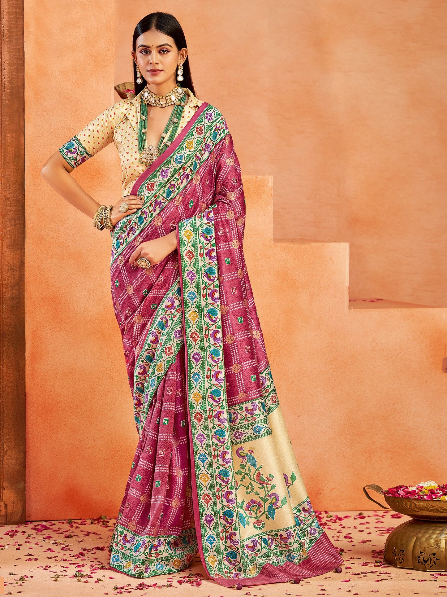 Pink Bandhani Tussar Silk Printed Saree