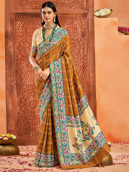 Yellow Mustard Bandhani Tussar Silk Printed Saree