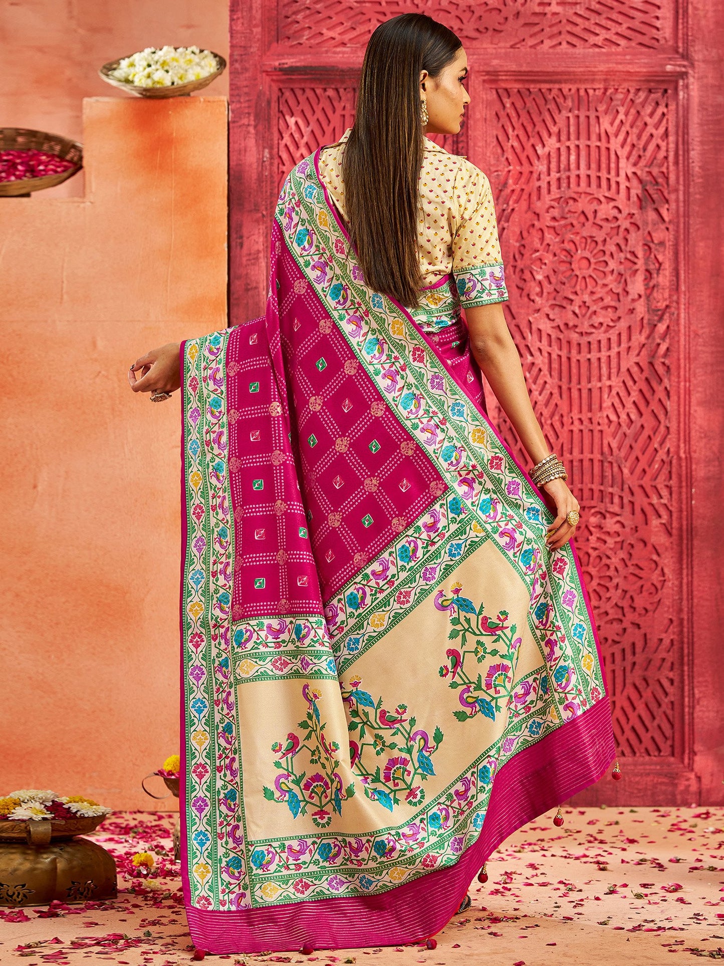 Pink Bandhani Tussar Silk Printed Saree