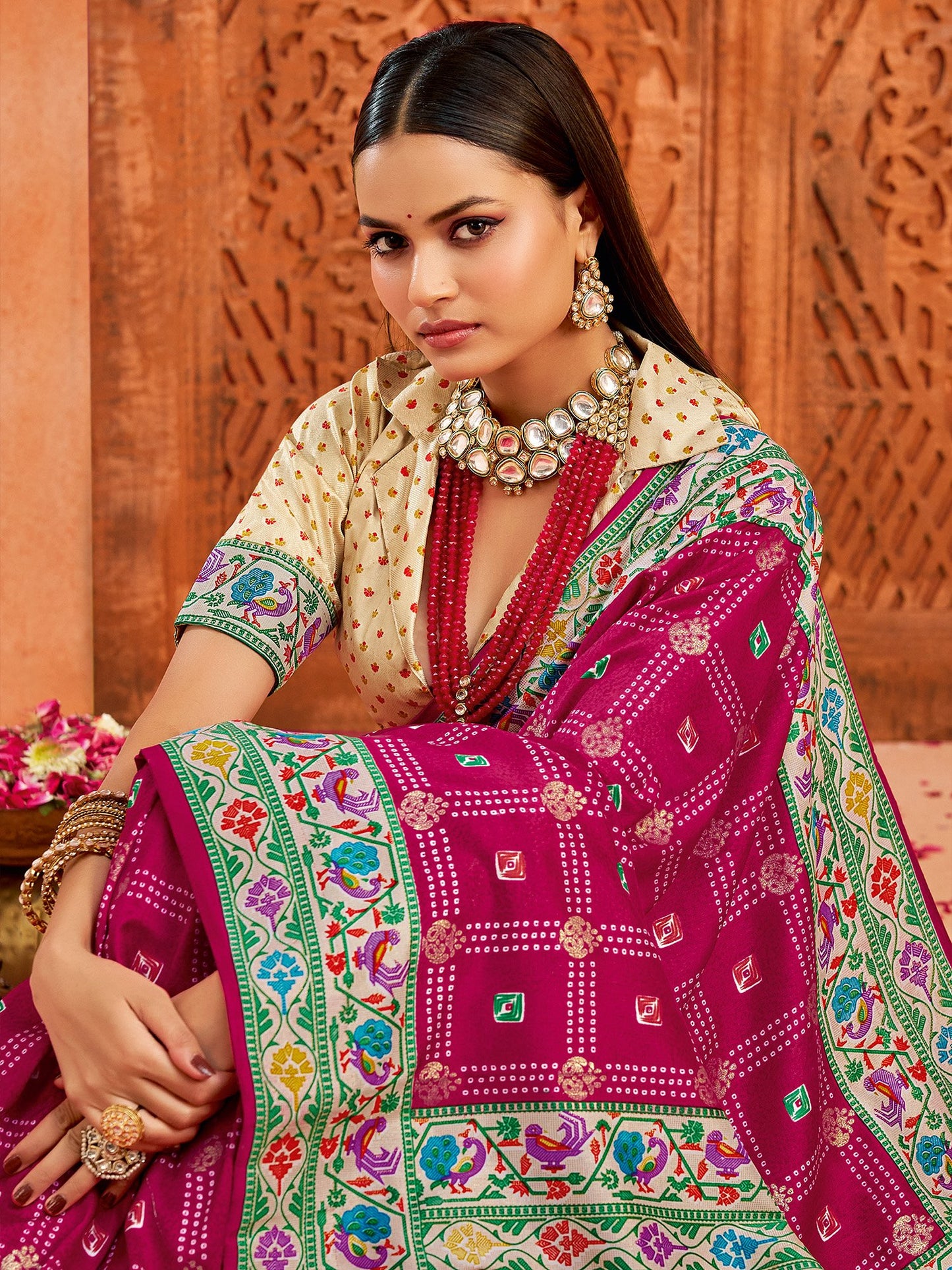 Pink Bandhani Tussar Silk Printed Saree