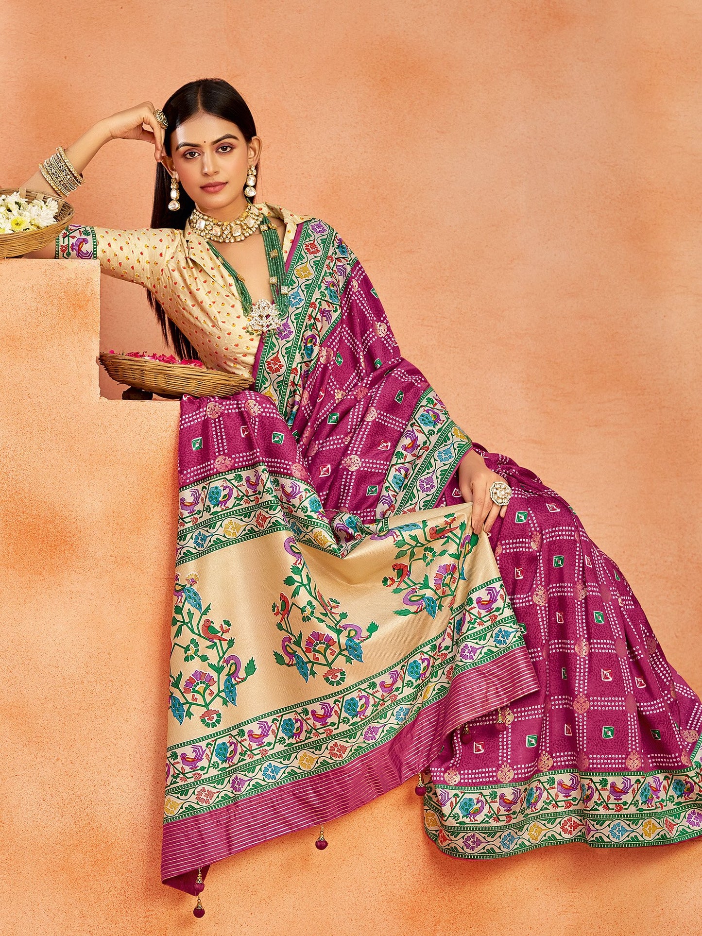Mauve Bandhani Tussar Silk Printed Saree