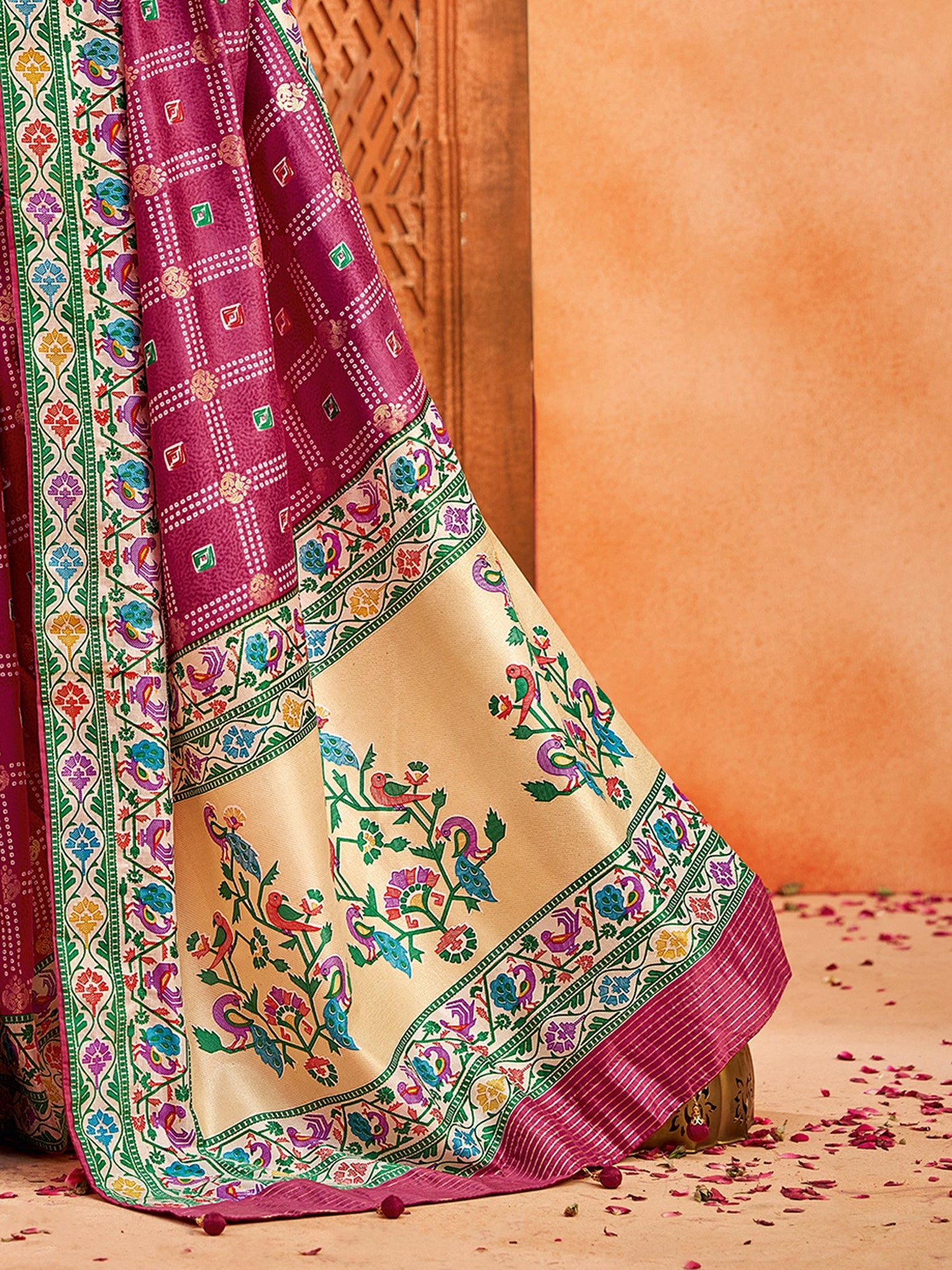 Mauve Bandhani Tussar Silk Printed Saree