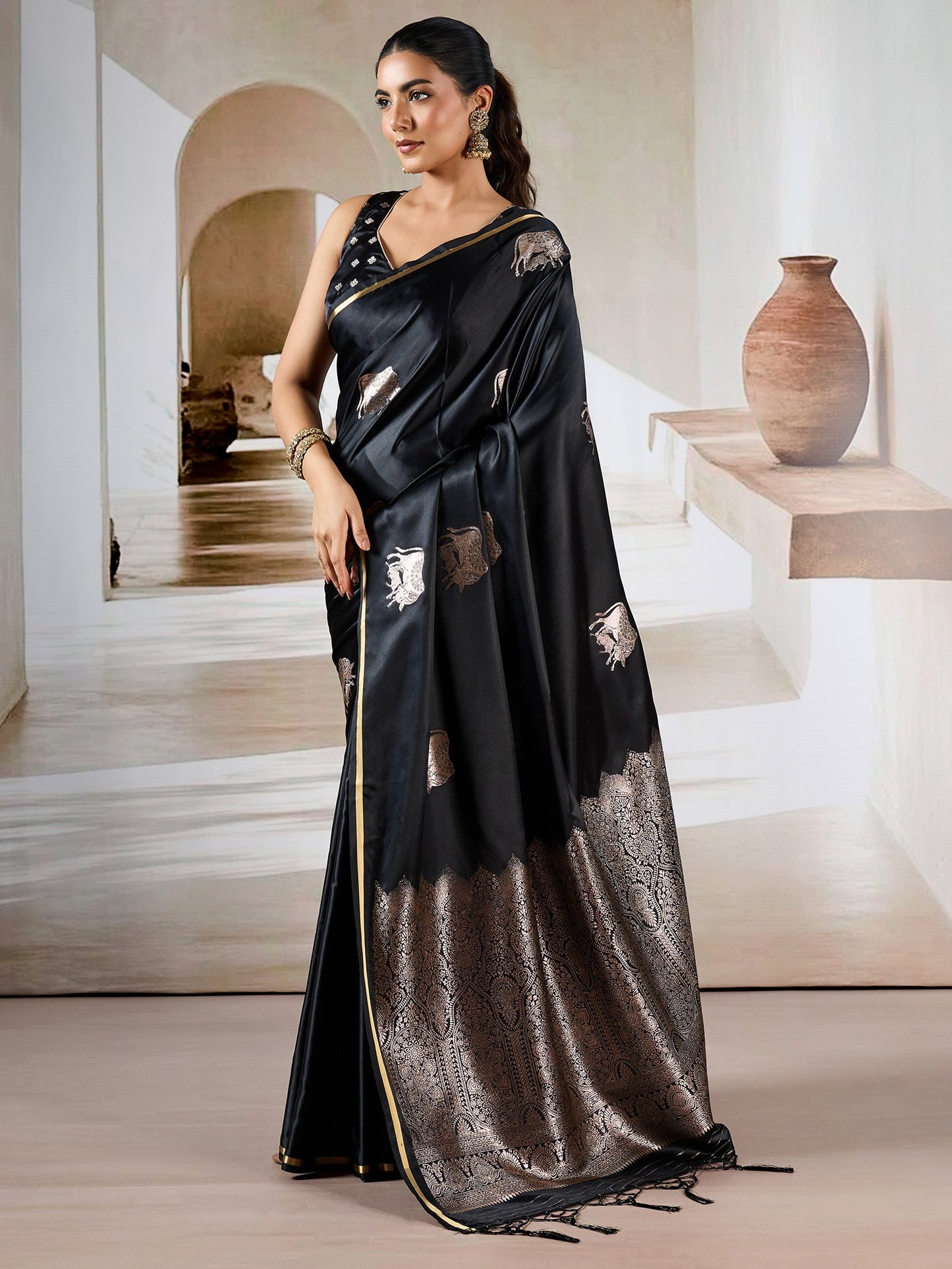 Black Banarasi Satin Woven Saree