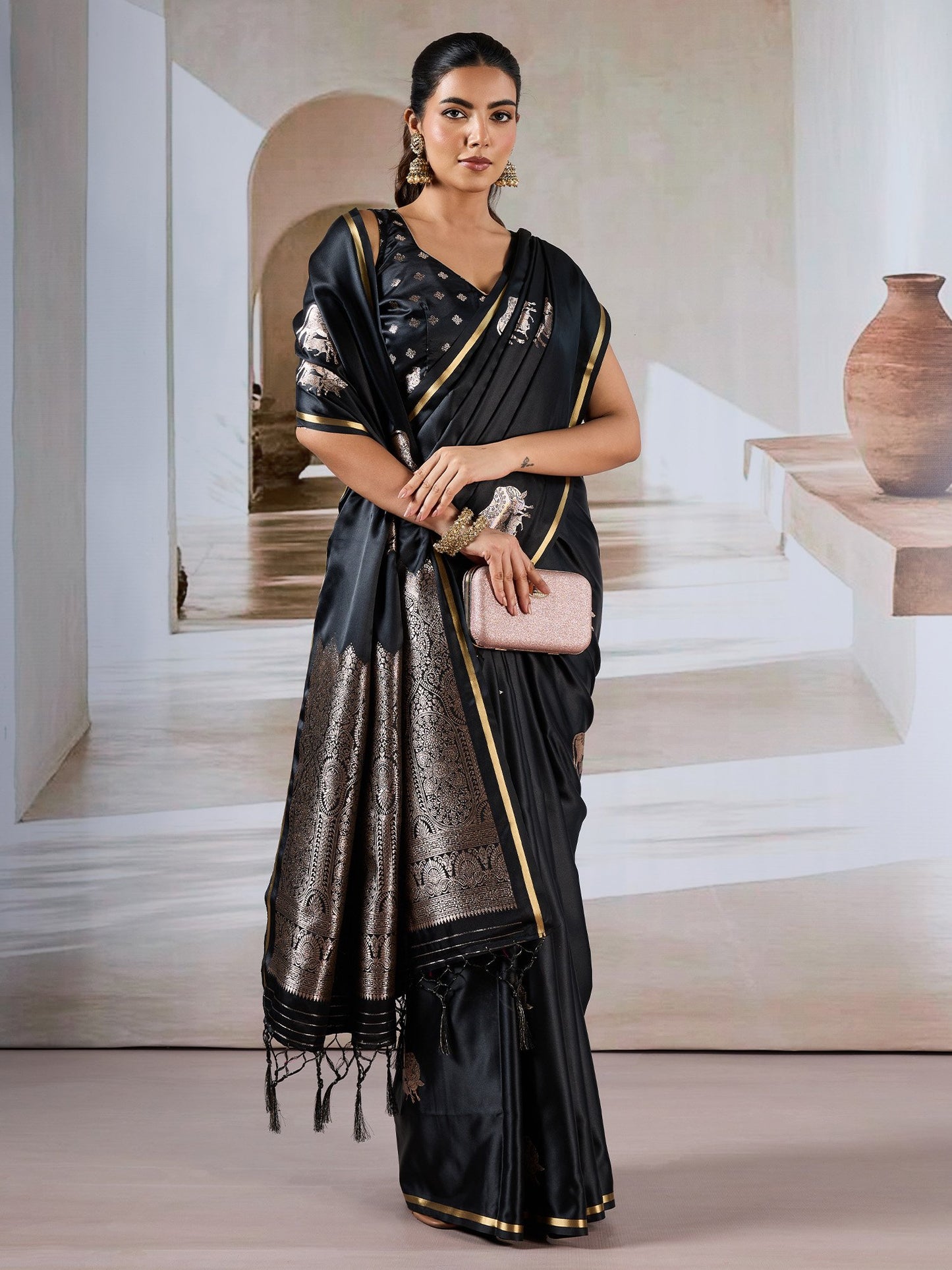 Black Banarasi Satin Woven Saree