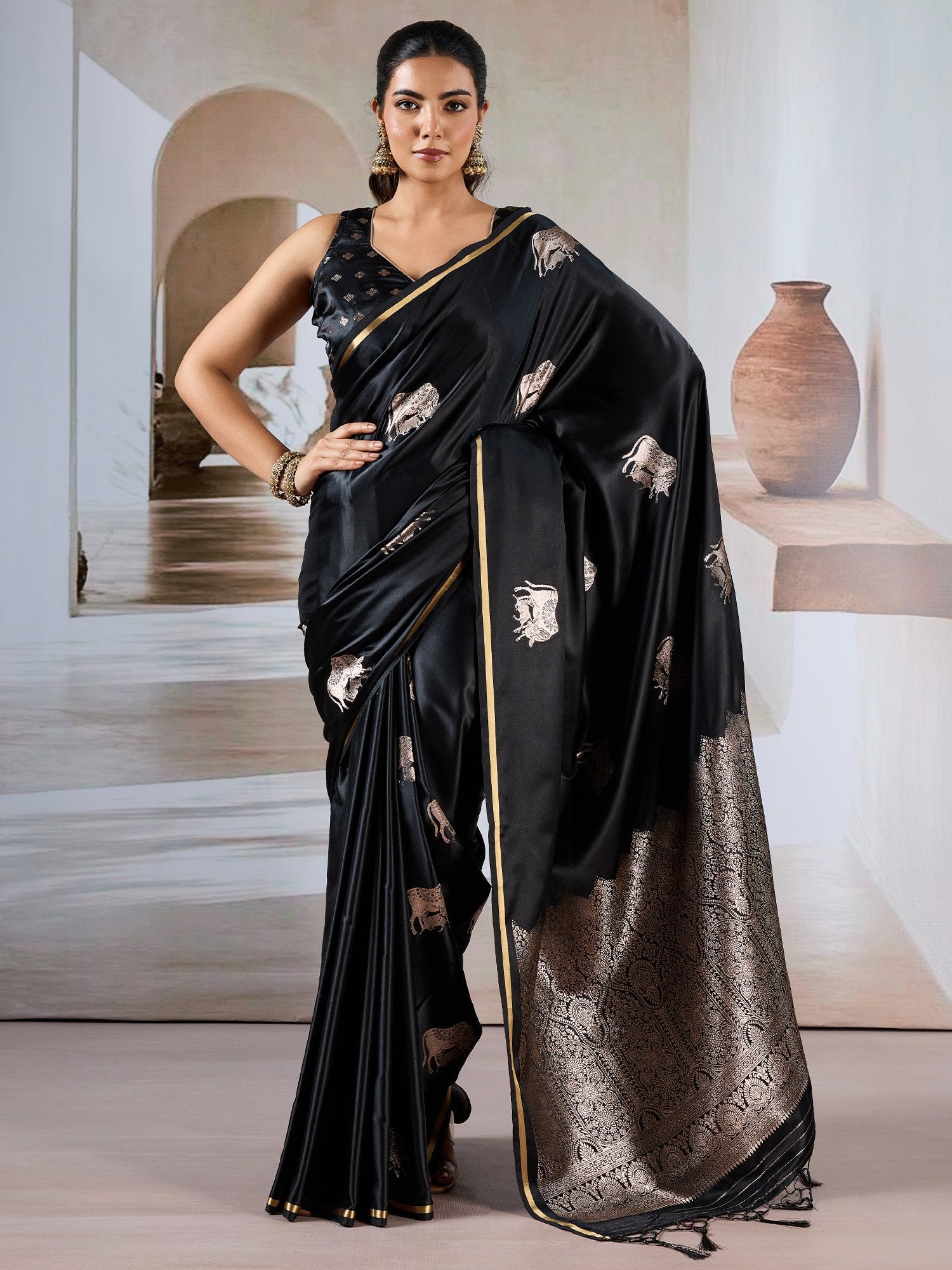 Black Black Banarasi Satin Woven Saree
