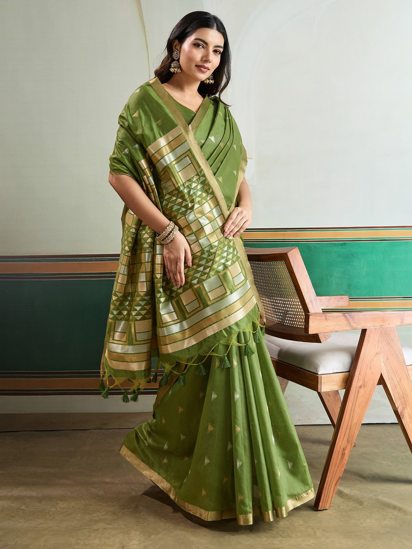 Green Banarasi Tussar Silk Woven Saree