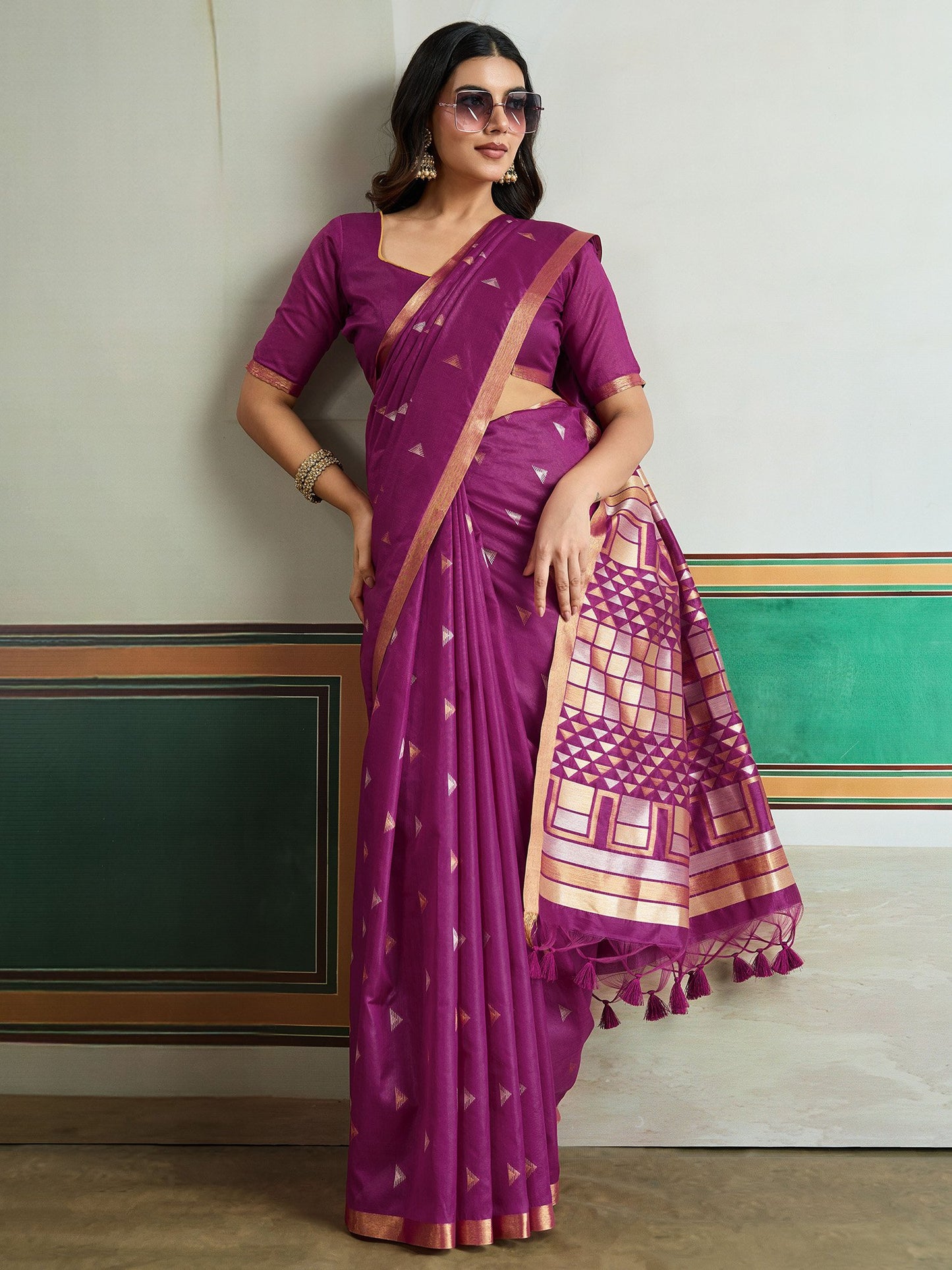 Magenta Banarasi Tussar Silk Woven Saree
