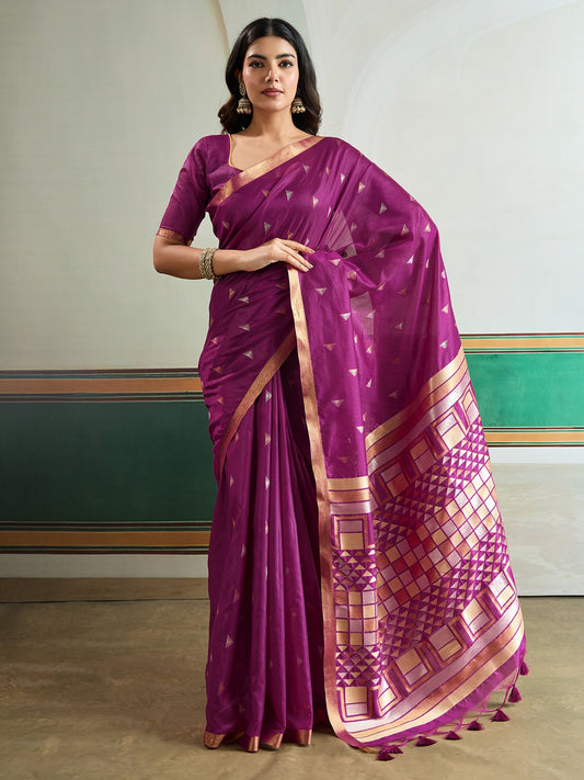 Purple Magenta Banarasi Tussar Silk Woven Saree