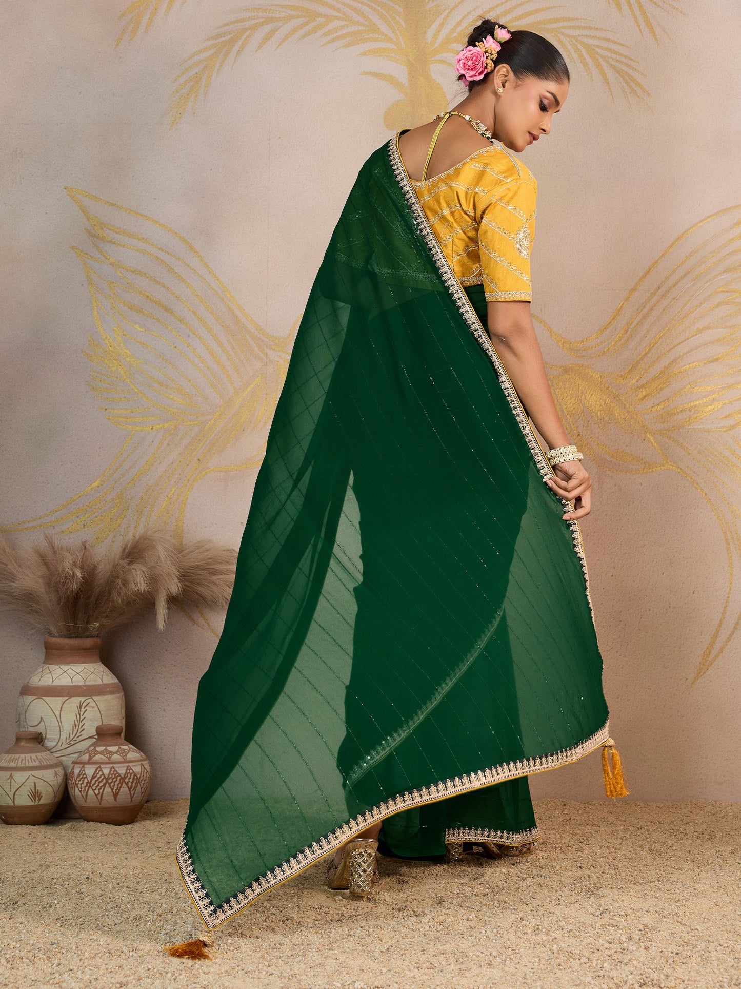 Green Party Wear Georgette Embellished Saree