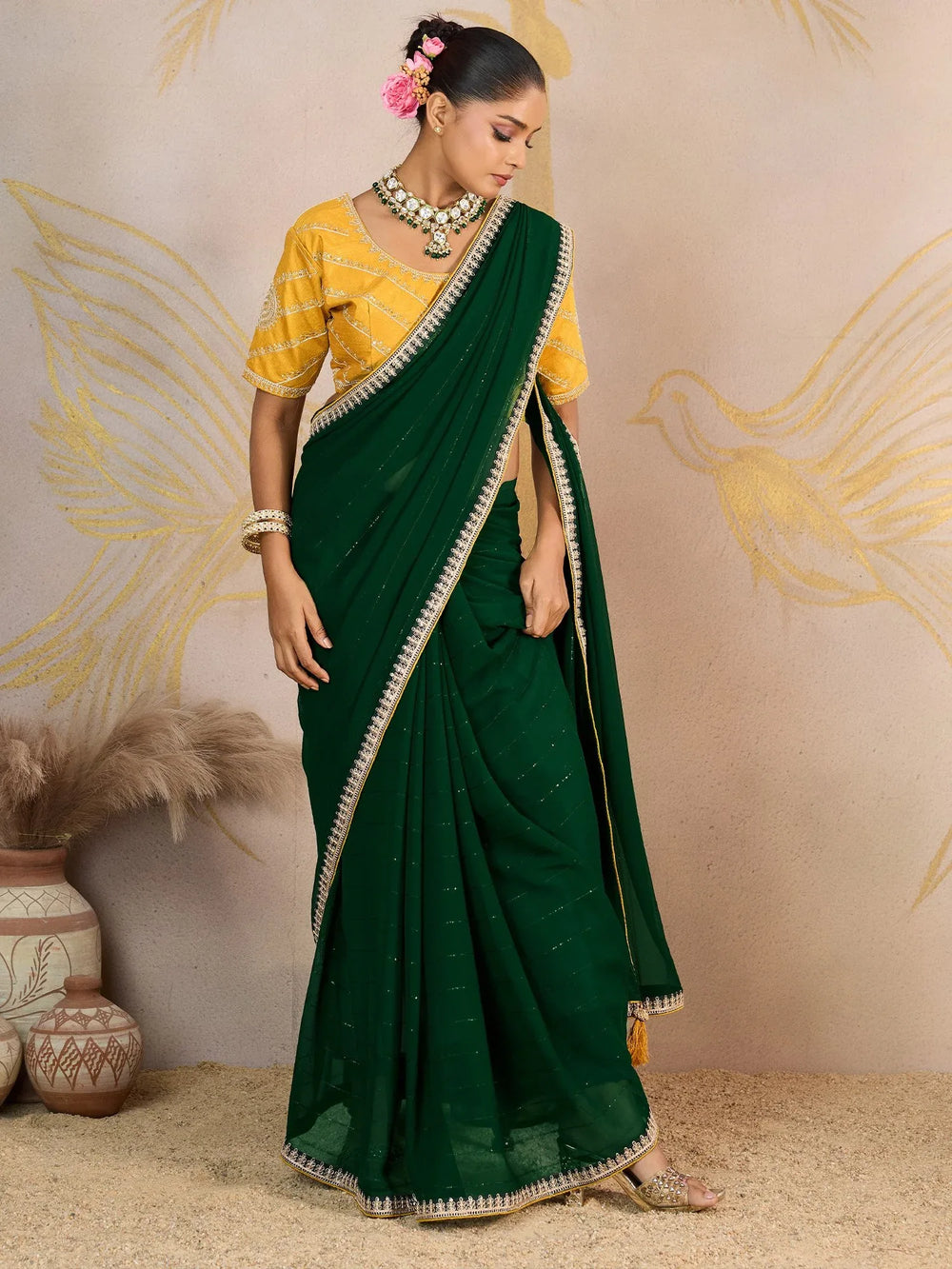 Green Party Wear Georgette Embellished Saree - The Dori Store