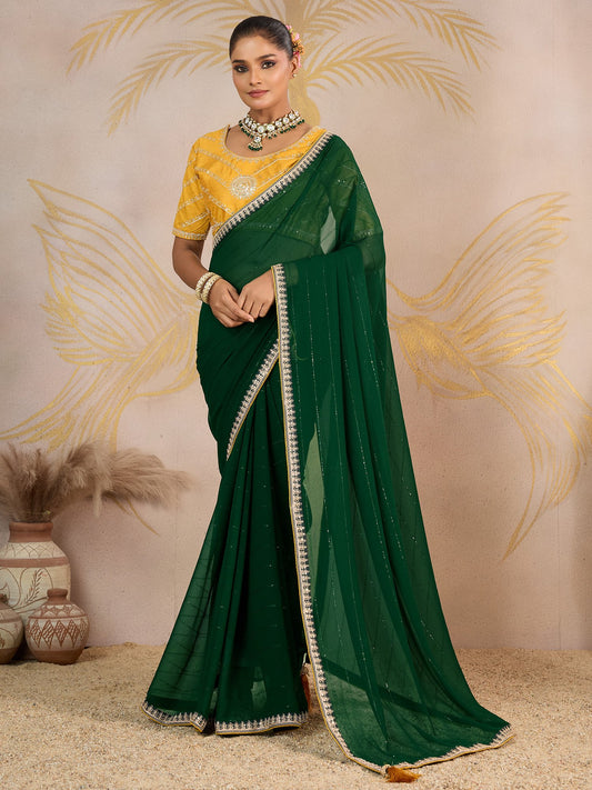 Green Green Party Wear Georgette Embellished Saree