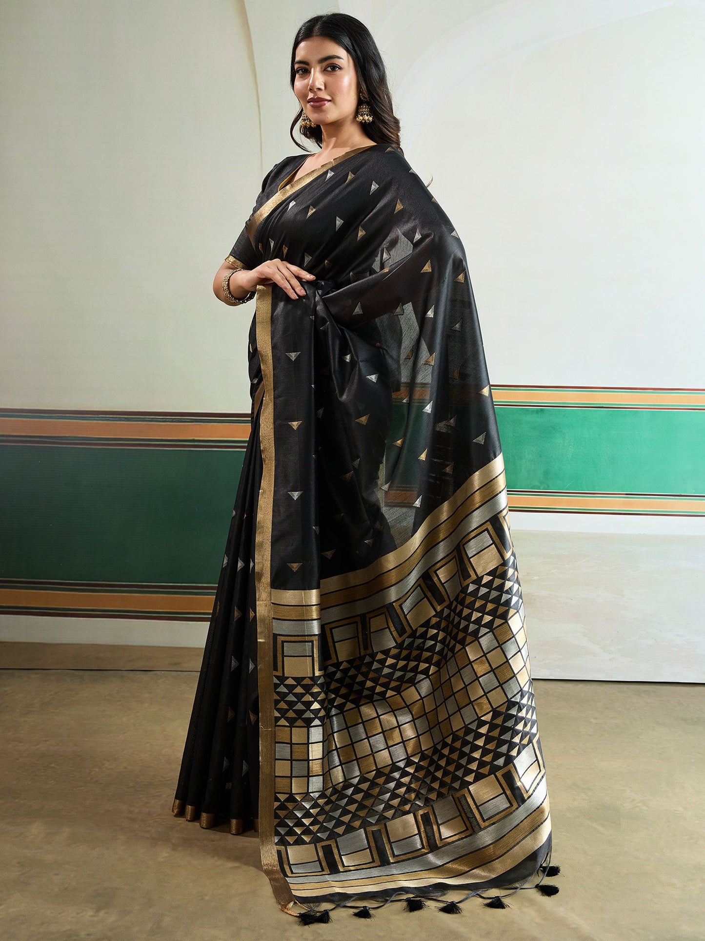 Black Banarasi Tussar Silk Woven Saree