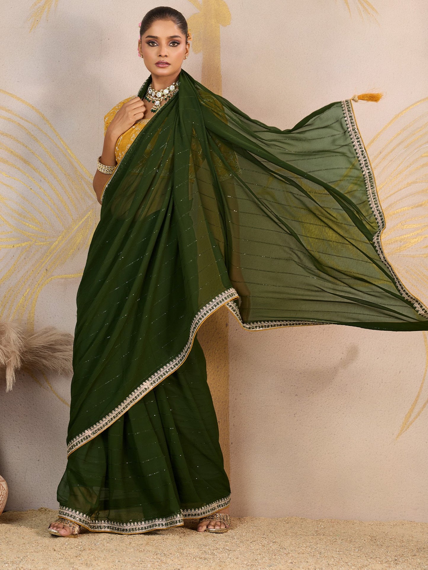 Green Green Party Wear Georgette Embellished Saree