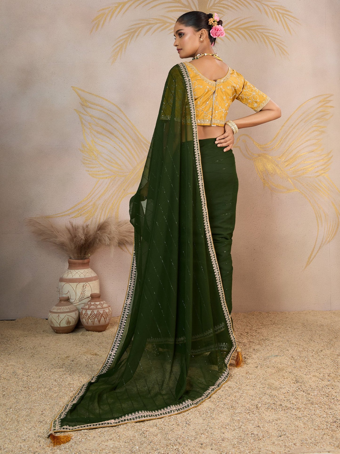 Green Party Wear Georgette Embellished Saree