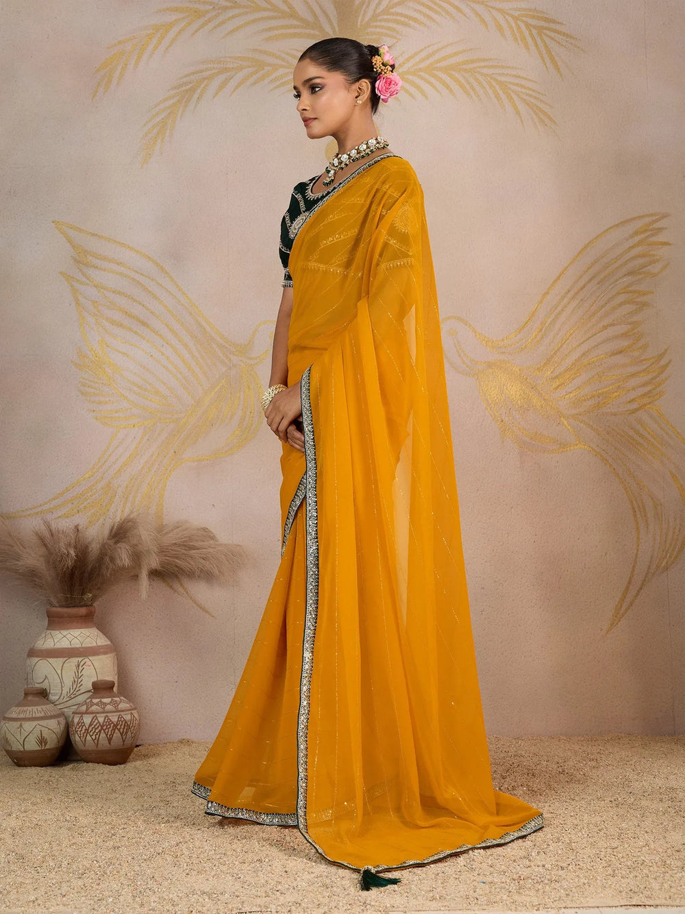 Yellow Party Wear Georgette Embellished Saree - The Dori Store