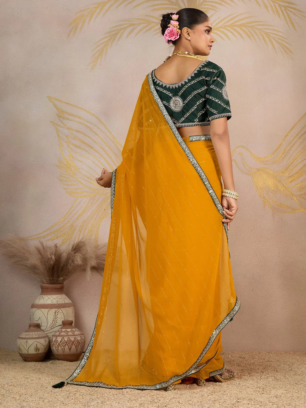 Yellow Party Wear Georgette Embellished Saree - The Dori Store