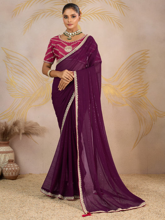 Purple Purple Party Wear Georgette Embellished Saree