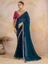 Teal Blue Party Wear Georgette Embellished Saree - The Dori Store