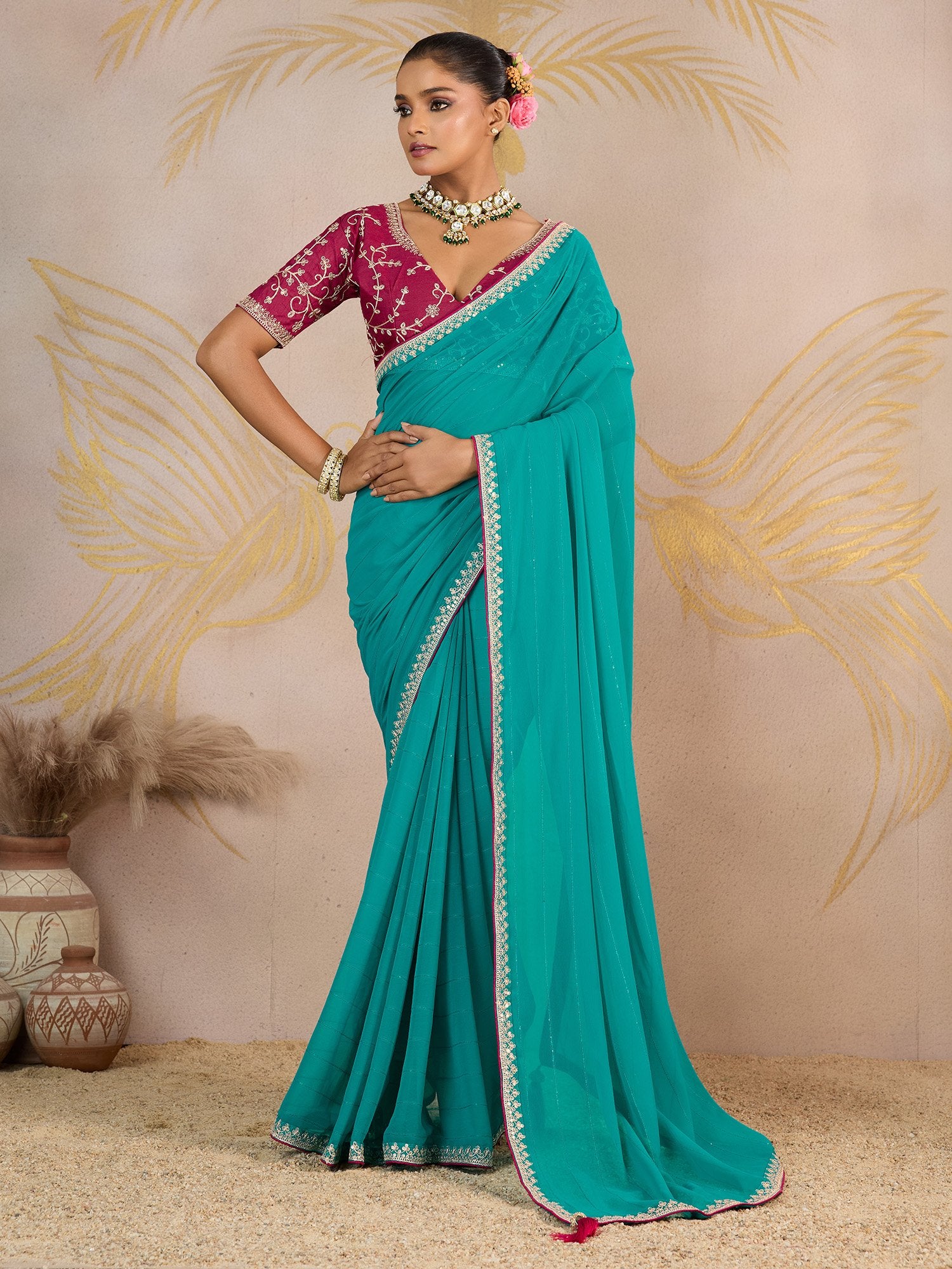 Blue Light Party Wear Georgette Embellished Saree